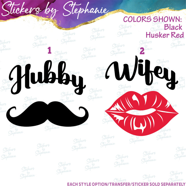 (s03-443) Hubby Mustache Wifey Kiss Lips Iron-On Transfer
