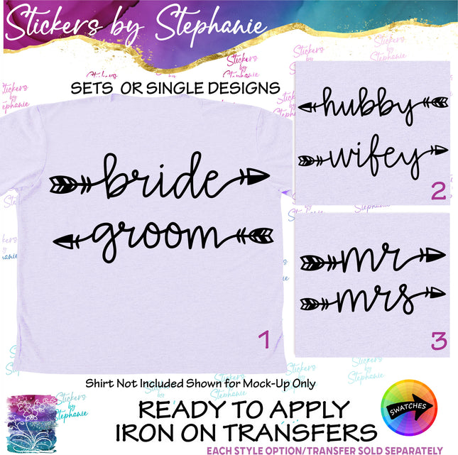 (s03-465) Bride Groom Hubby Wifey Arrow Iron-On Transfer