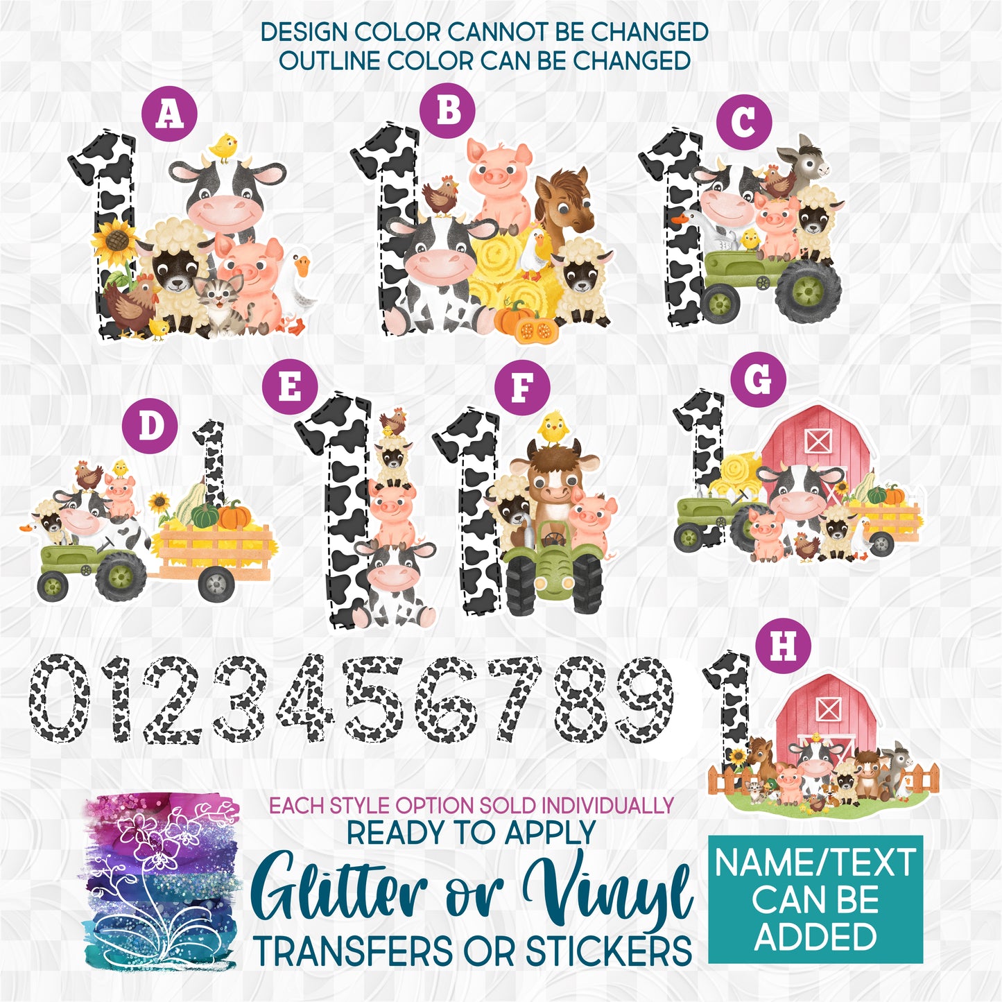 (s003-7N) Watercolor Farm Animals Cow Print Number Any Age 1, 2, 3 Glitter or Vinyl Iron-On Transfer or Sticker