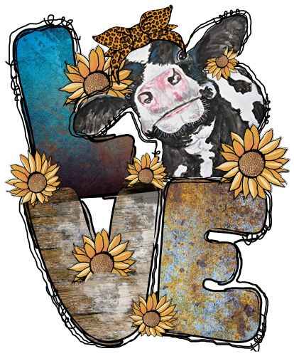 (s003-8-F) Cow Love Sunflowers Rustic Country