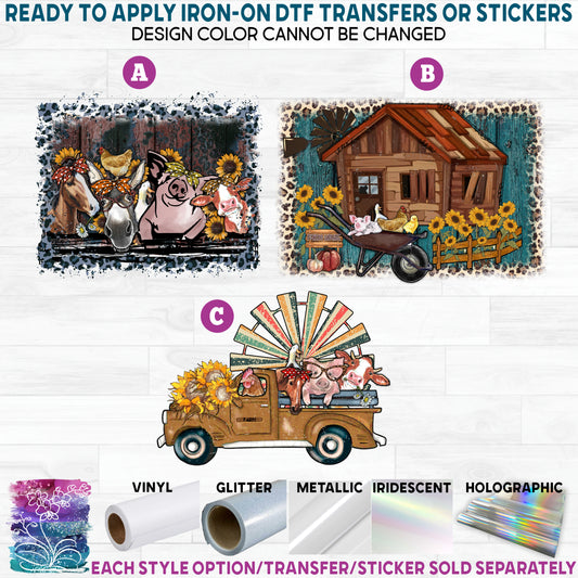 (s003-08) Rustic Farm Animals Horse Donkey Cow Pig Chicken Sunflowers Printed Heat Transfer or Sticker