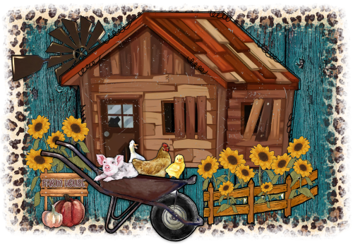 (s003-8-B) Farm Animals Barn Chicken Goose Sunflowers Leopard