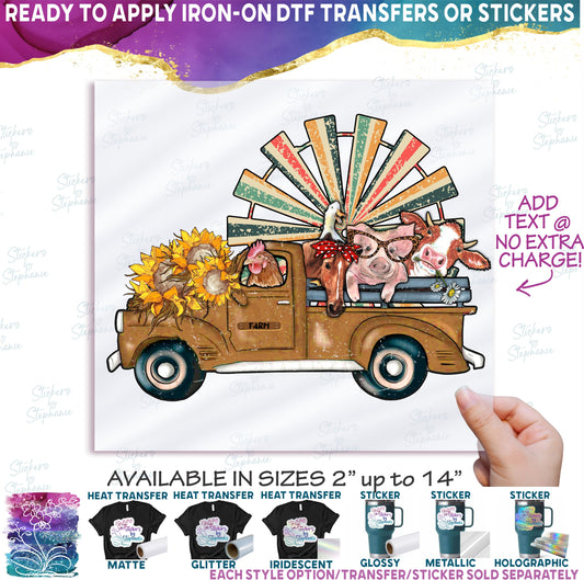 (s003-8-C) Farm Animals Truck Chicken Goose Horse Pig Cow Sunflowers Windmill