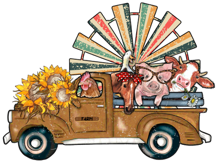 (s003-8-C) Farm Animals Truck Chicken Goose Horse Pig Cow Sunflowers Windmill