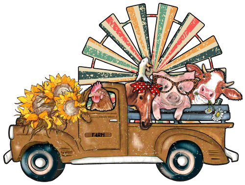 (s003-8-C) Farm Animals Truck Chicken Goose Horse Pig Cow Sunflowers Windmill