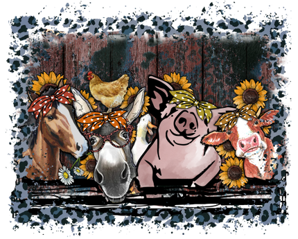 (s003-8-A) Funny Farm Animals Barn Horse Donkey Chicken Pig Cow Sunflowers Leopard