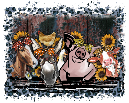 (s003-8-A) Funny Farm Animals Barn Horse Donkey Chicken Pig Cow Sunflowers Leopard