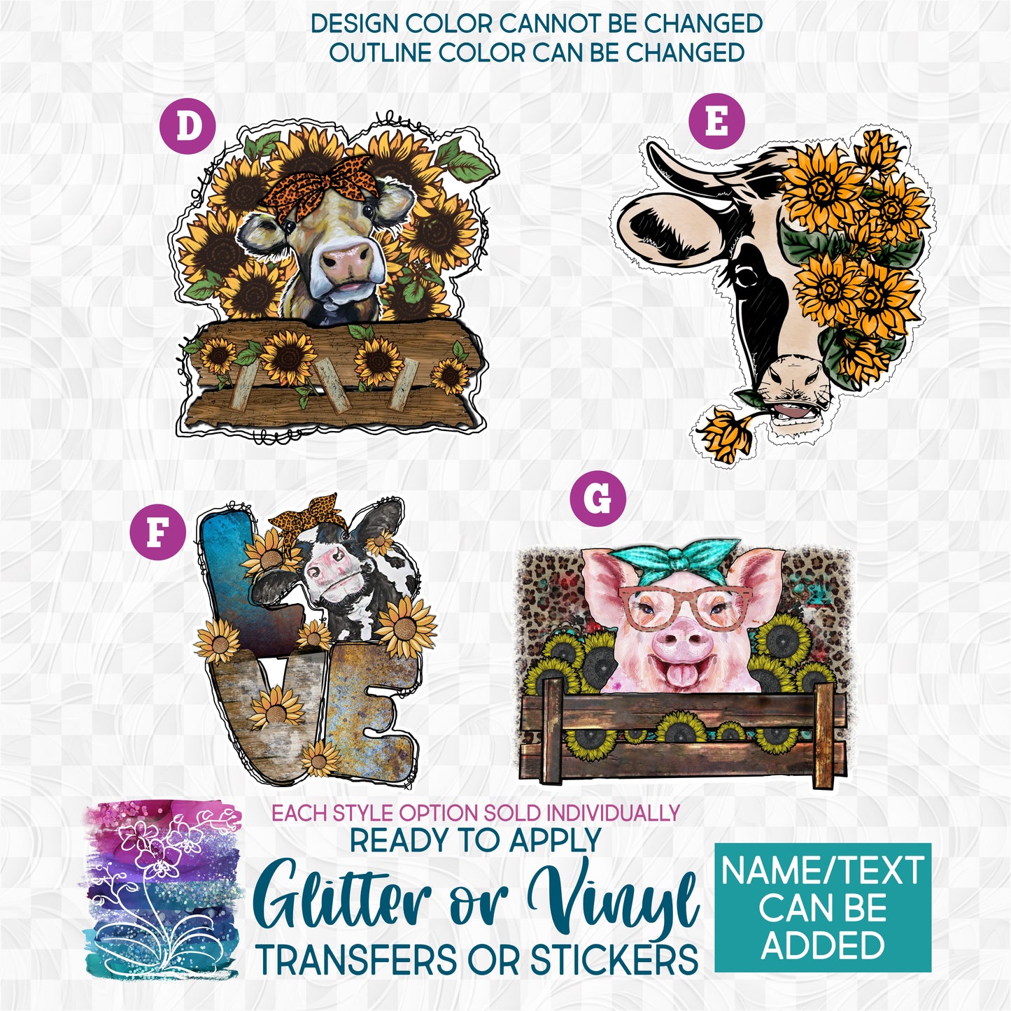 SBS-3-8 Rustic Farm Cow Pig Sunflowers Custom Printed Iron On Transfer or Sticker