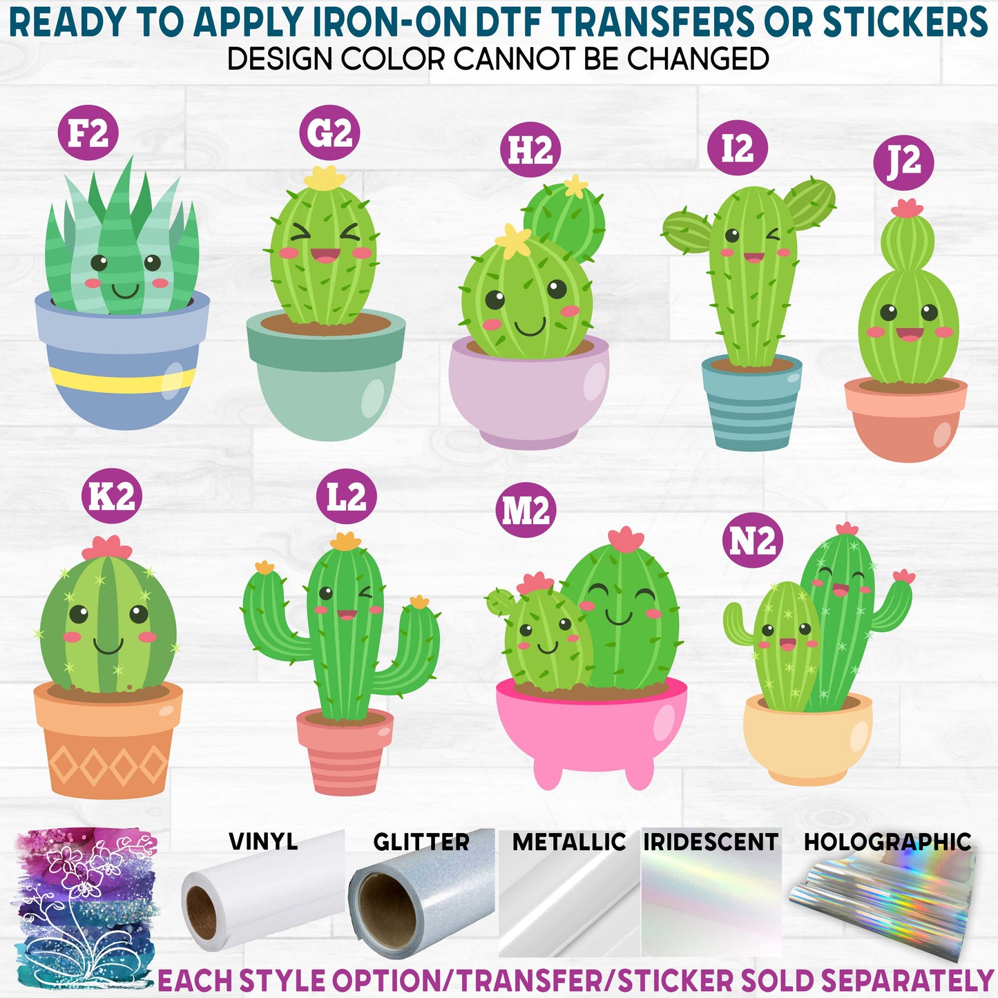 (s304) Cute Kawaii Face Faces Cacti Cactus Succulents Plants Printed Heat Transfer or Sticker