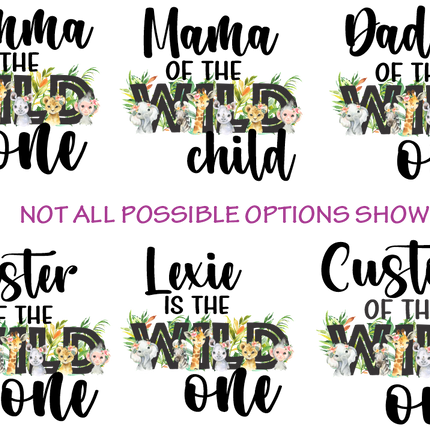 (s313-3B) Wild One Baby Jungle Animals Family Custom Text
