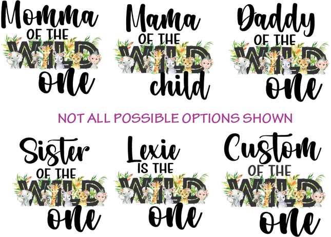 (s313-3B) Wild One Baby Jungle Animals Family Custom Text