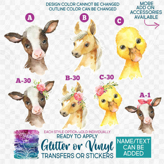 Floral Watercolor Baby Animals Cow Horse Foal Duck Duckling Glitter, Matte, Glossy Iron-On Transfer or Sticker