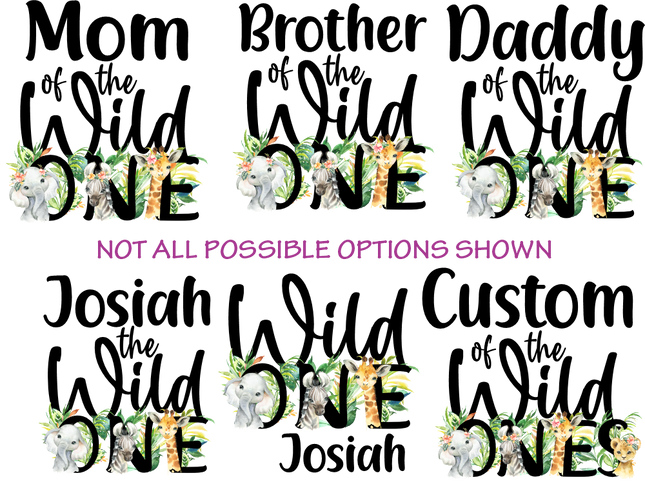 (s313-3A) Wild One Baby Jungle Animals Family Custom Text