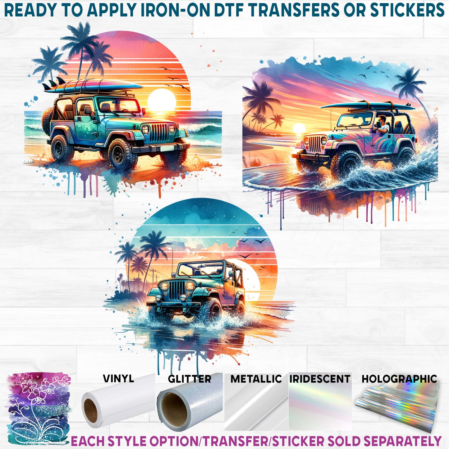 (s314-2) Watercolor Jeep 4x4 Sunset Beach 10 Style Options