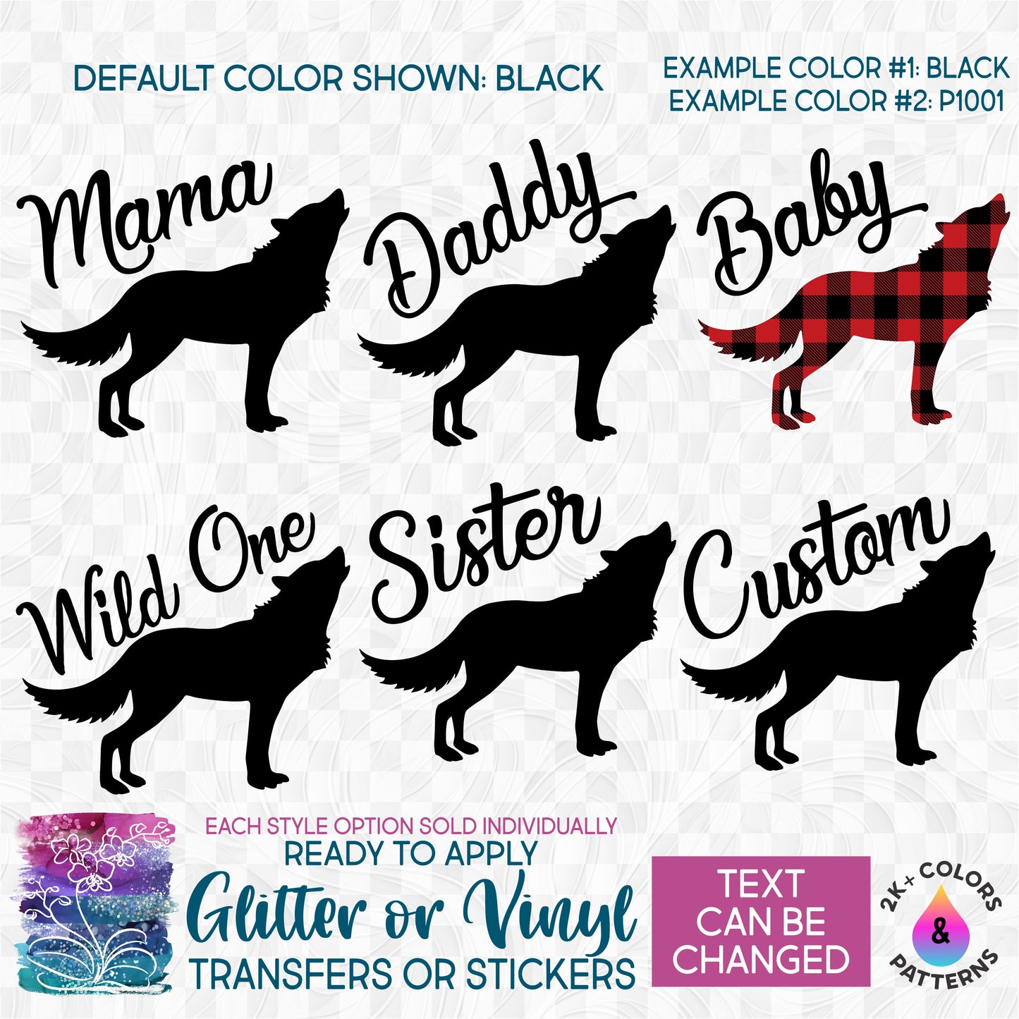 (s315-2) Wolf Family Mama, Alpha, Custom Text Glitter or Vinyl Iron-On Transfer or Sticker