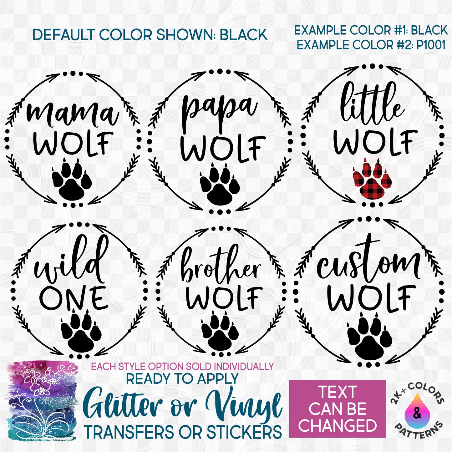 (s315-4) Wolf Family Mama Family Custom Text Glitter or Vinyl Iron-On Transfer or Sticker