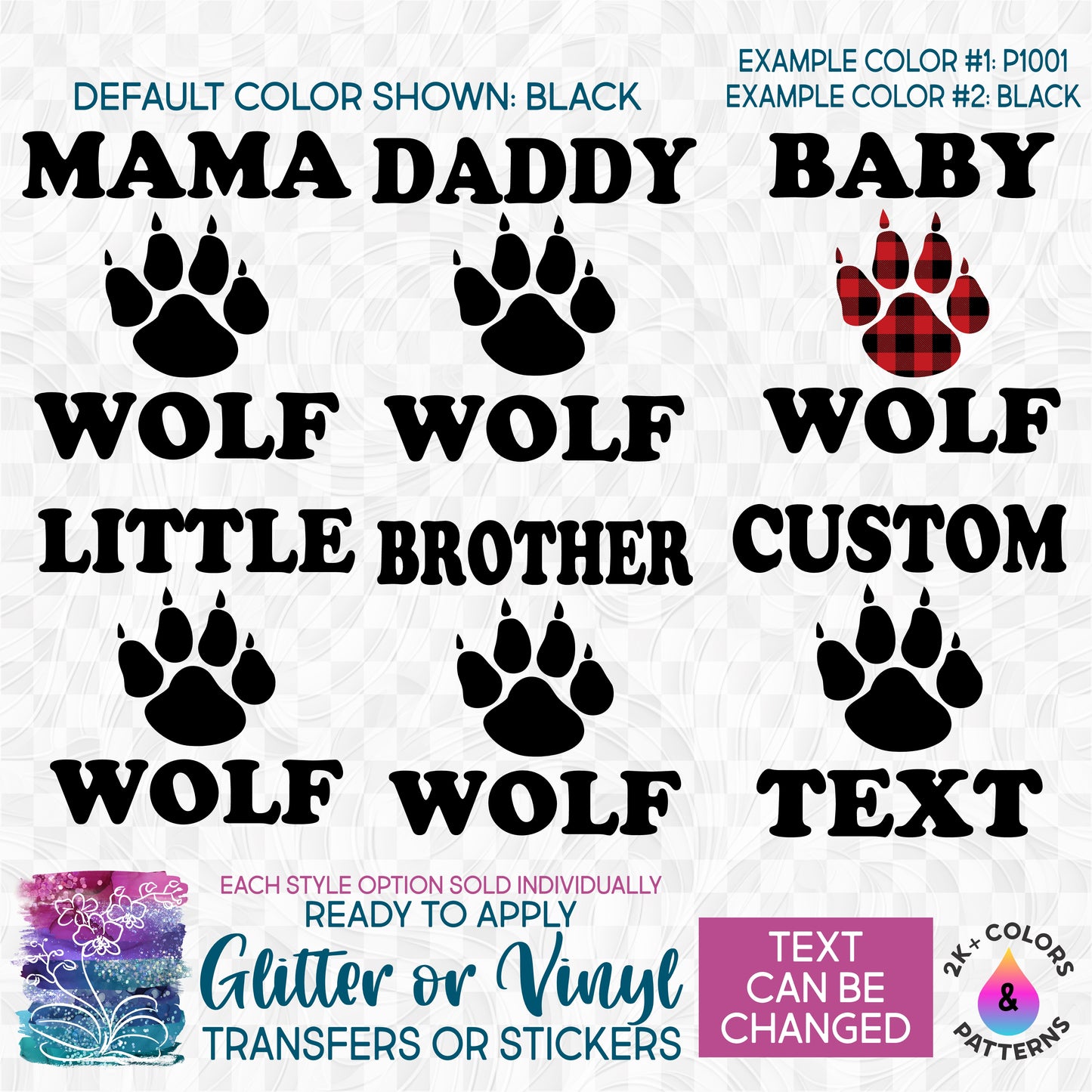 (s315-5) Wolf Paw Family Custom Text Glitter or Vinyl Iron-On Transfer or Sticker