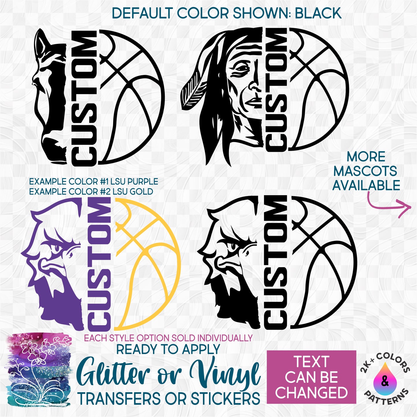 (s317-F) Split Basketball Mascot Team Glitter or Vinyl Iron-On Transfer or Sticker