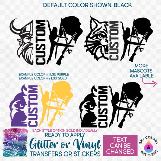(s317-I) Split Colorguard Color Guard Mascot Team Name Glitter or Vinyl Iron-On Transfer or Sticker