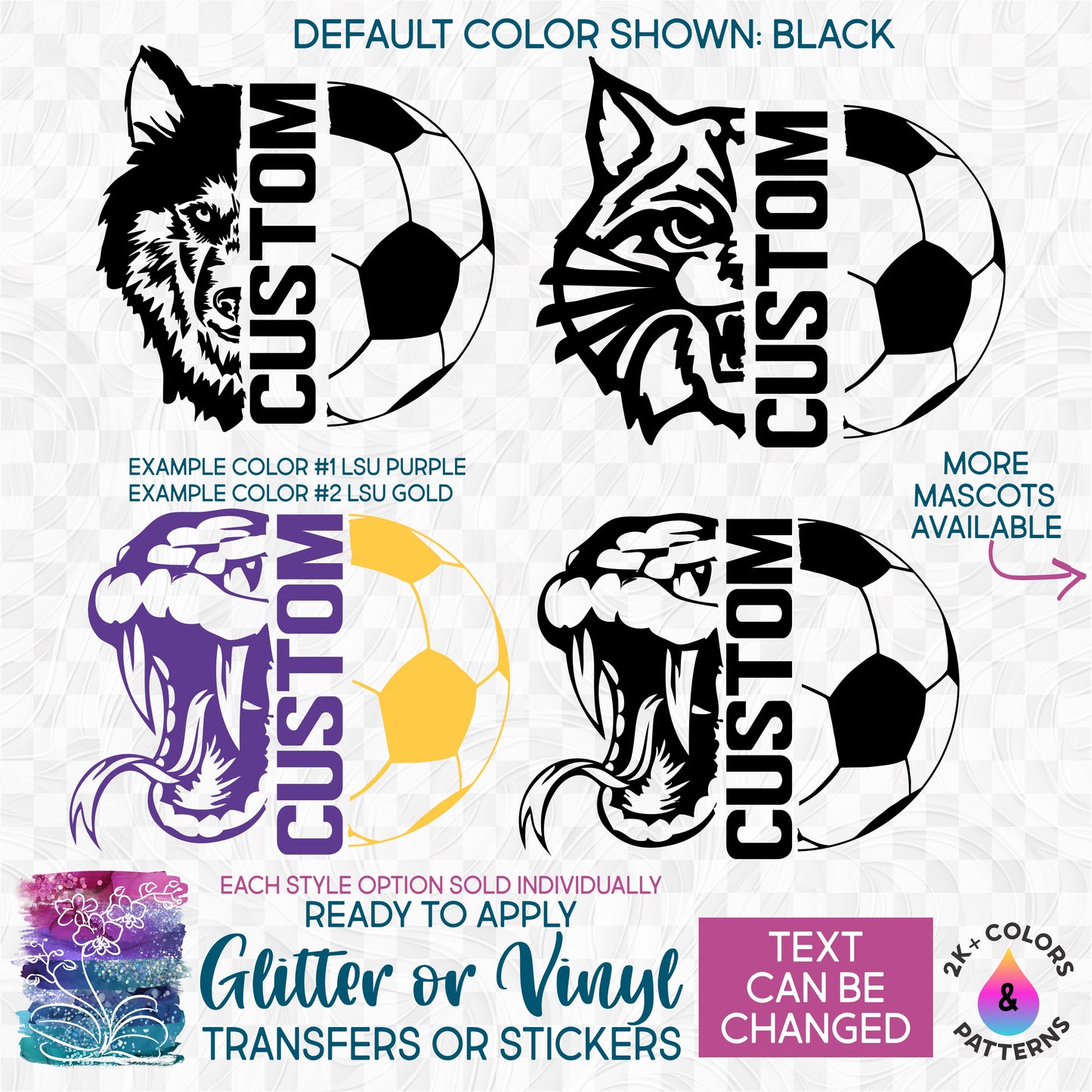 (s317-L) Split Soccer Mascot Team Name Glitter or Vinyl Iron-On Transfer or Sticker