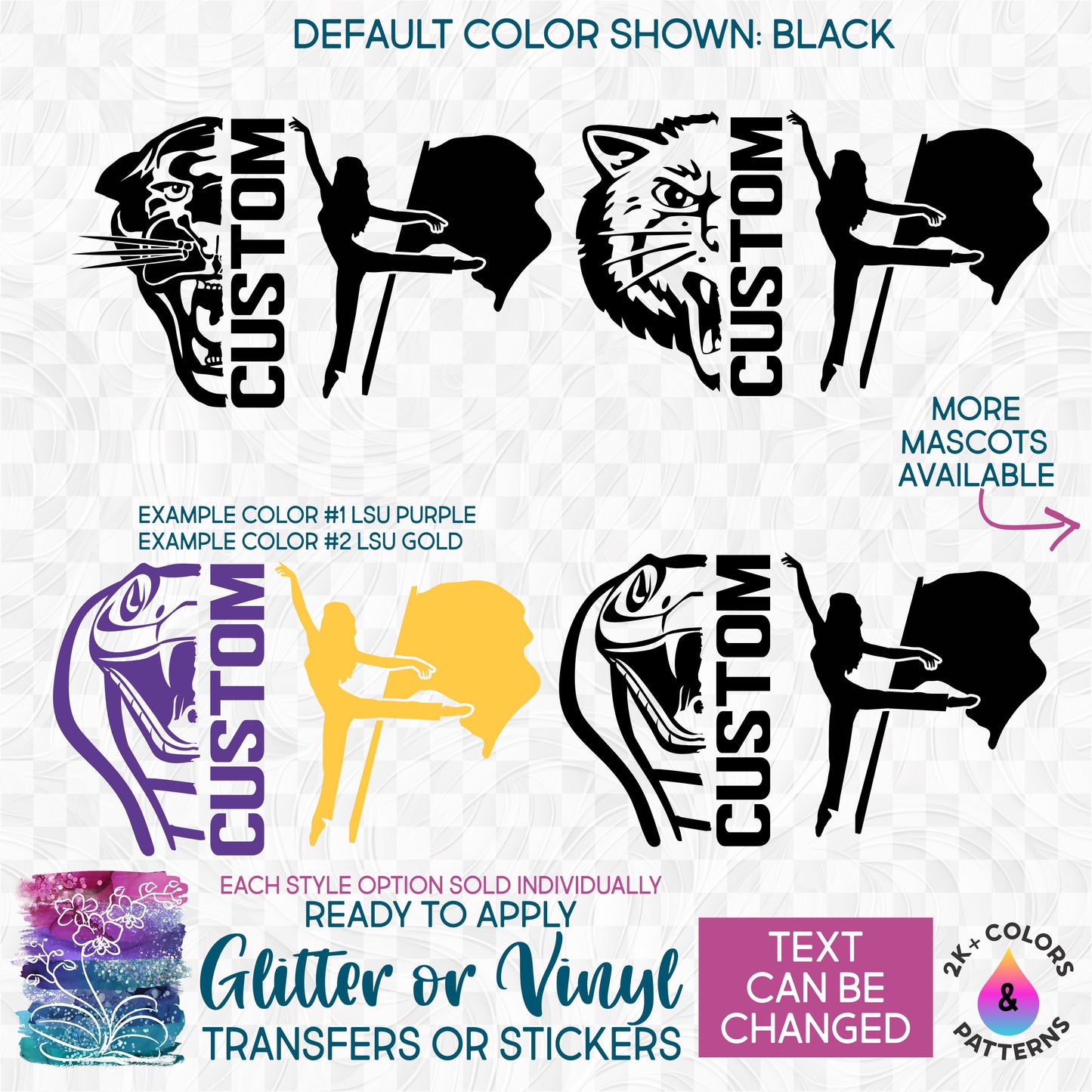(s317-S) Split Colorguard Color Guard Mascot Team Name Glitter or Vinyl Iron-On Transfer or Sticker