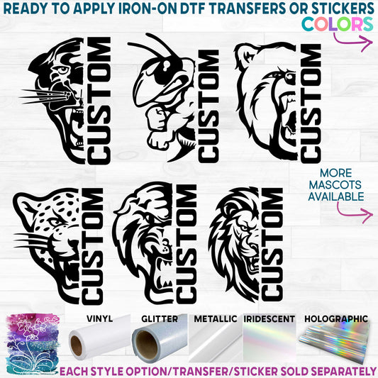 (s317-D) Split Mascot Team Name Custom Printed Heat Transfer or Sticker