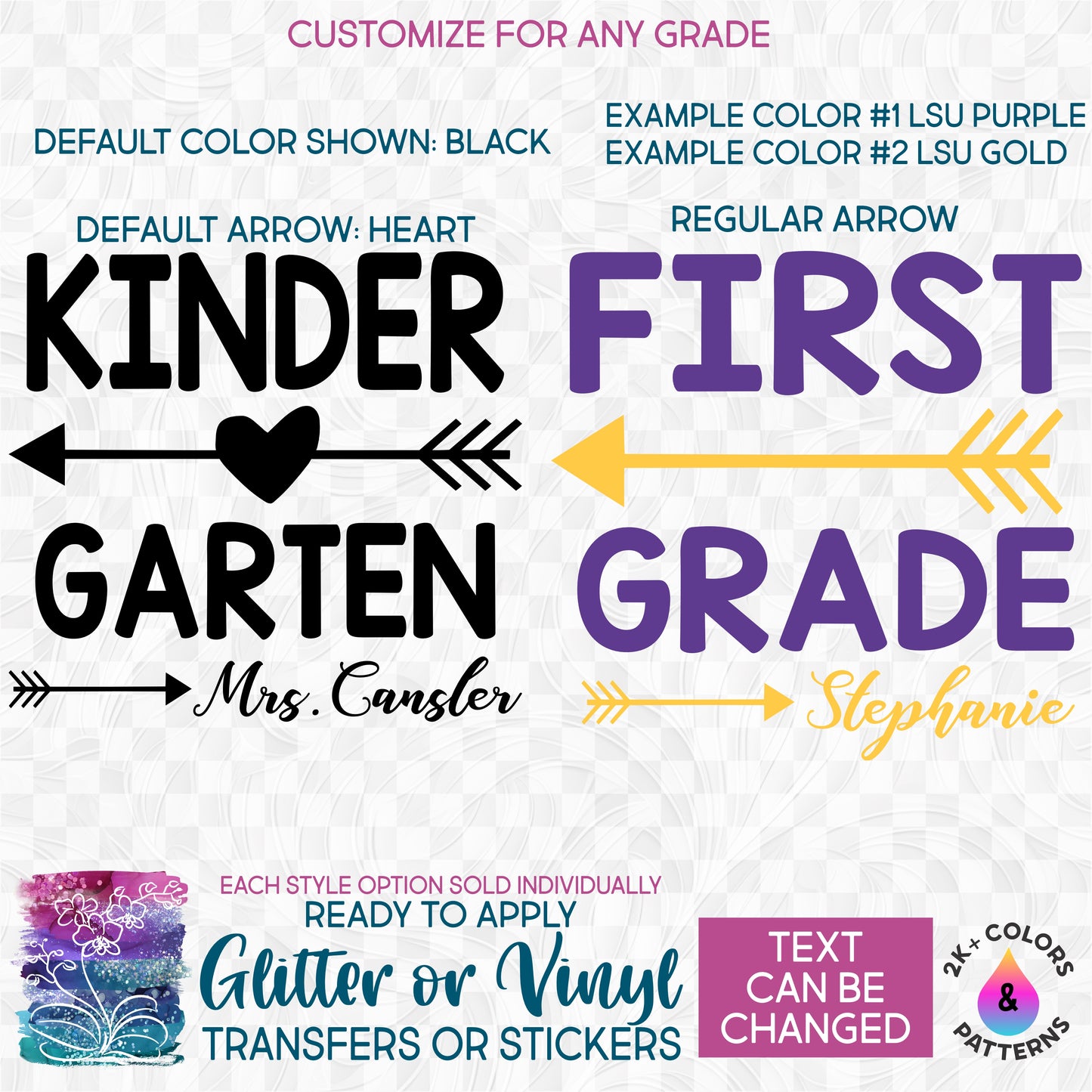 (s320-1) Pre-K, Kindergarten, Teacher Student Custom Name Text Glitter or Vinyl Iron-On Transfer or Sticker