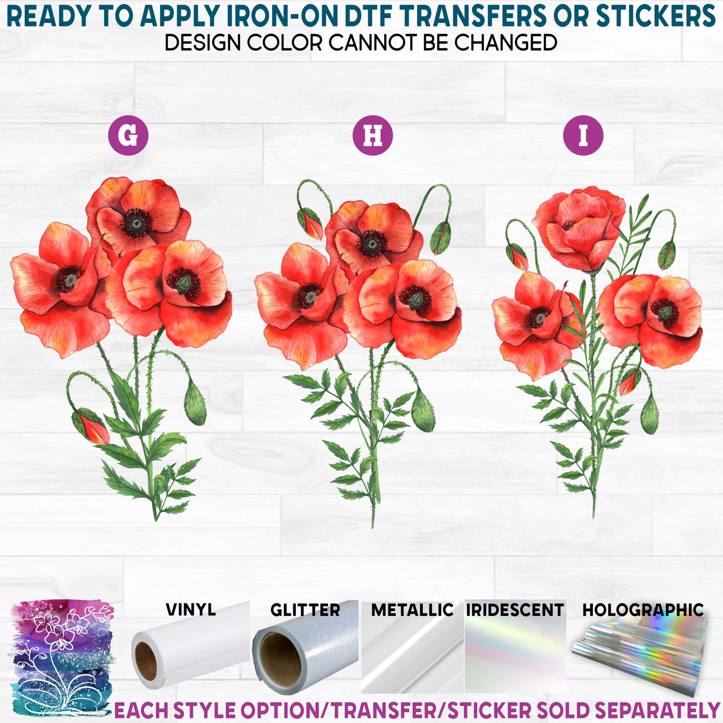 (s325-1) Red Poppy Poppies Floral Flowers Watercolor Printed Heat Transfer or Sticker