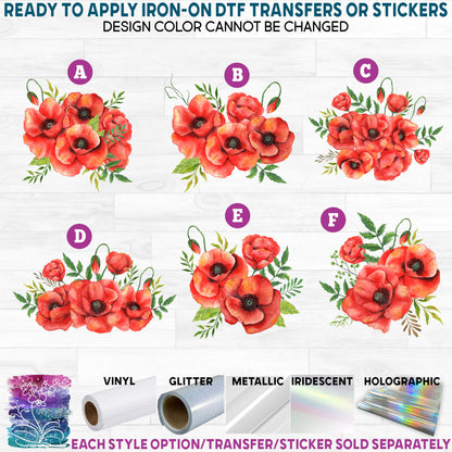 (s325-1) Red Poppy Poppies Floral Flowers Watercolor Printed Heat Transfer or Sticker