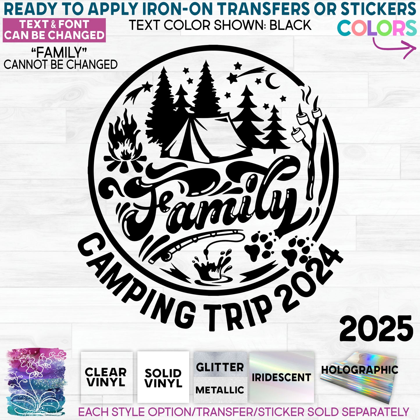 (s329-J) Family Camping Trip 2023 2024 2025 Glitter or Vinyl Iron-On Transfer or Sticker