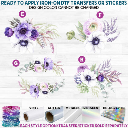 (s032) Violet Purple & White Anemone Floral Flowers Watercolor Printed Heat Transfer or Sticker