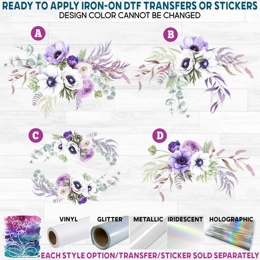 (s032) Violet Purple & White Anemone Floral Flowers Watercolor Printed Heat Transfer or Sticker