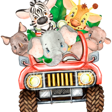 (s330-2-C) Safari Animals Group Red Jeep