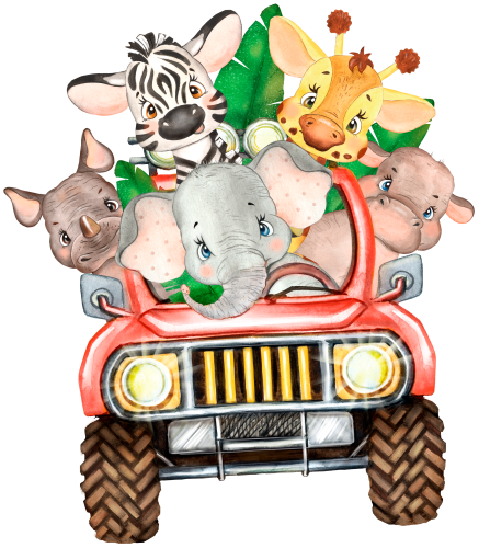 (s330-2-C) Safari Animals Group Red Jeep