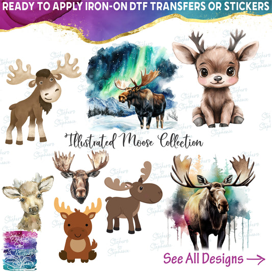 (s333-4) Watercolor Illustrated Cartoon Moose Collection