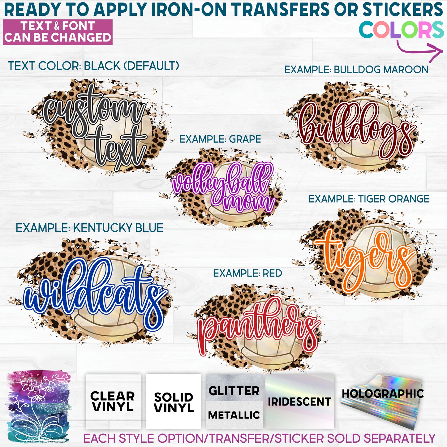 (s334-C6) Volleyball Leopard Mom, Team Name or Custom Text Glitter or Vinyl Iron-On Transfer or Sticker