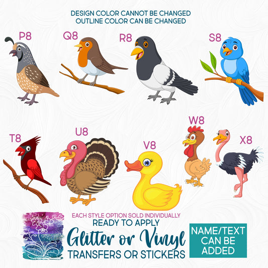 (s337-7) Cartoon Animals Birds Glitter or Vinyl Iron-On Transfer or Sticker