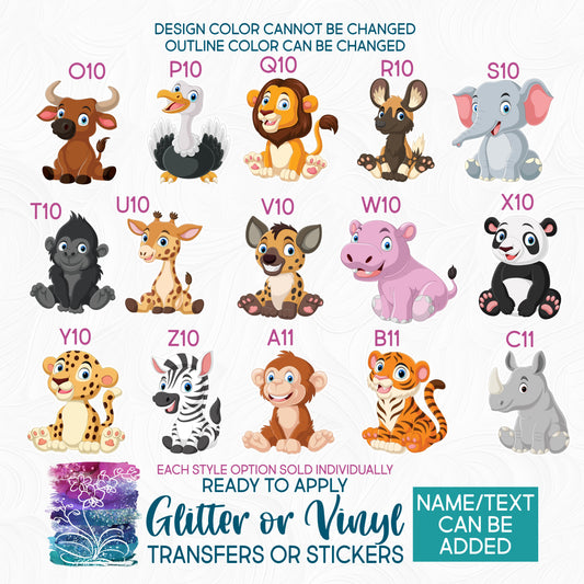 (s337-10) Cartoon Baby Animals Safari Glitter or Vinyl Iron-On Transfer or Sticker