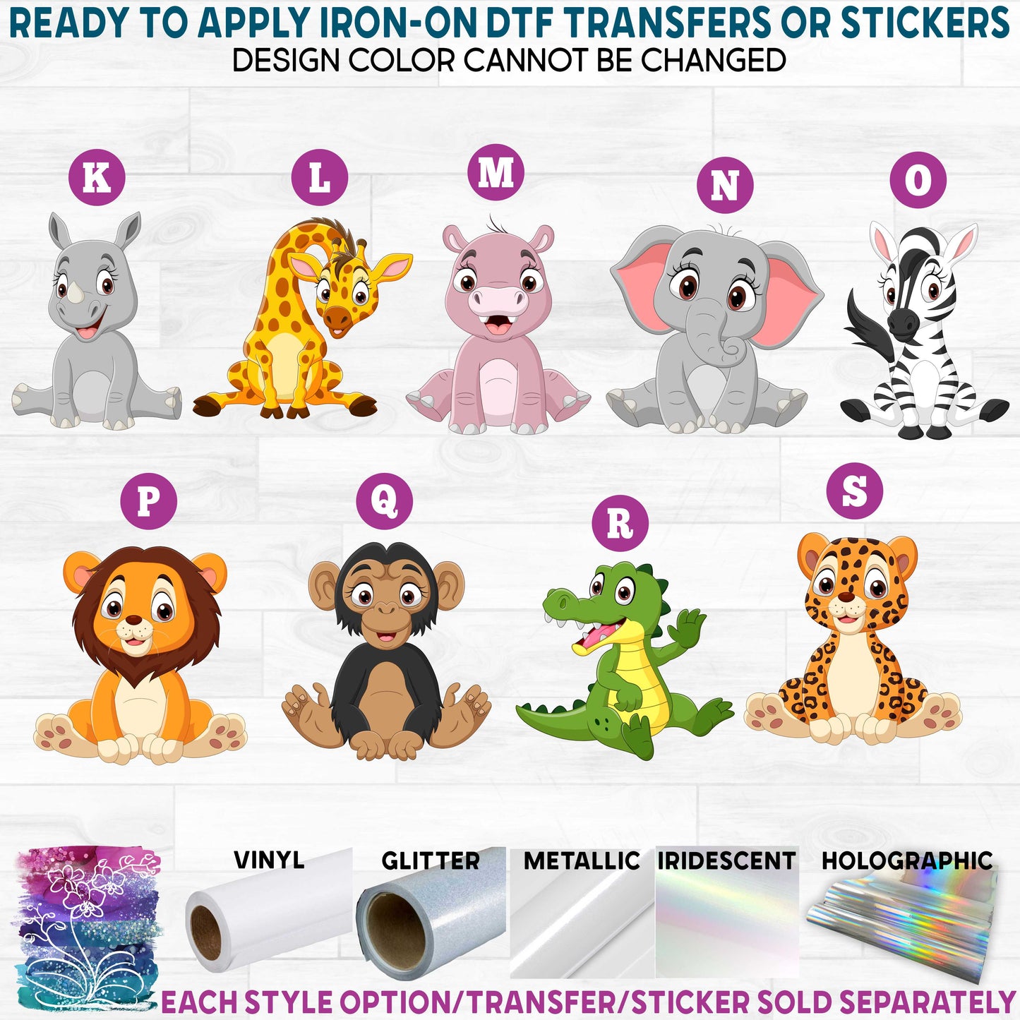 (s337-02) Cartoon Animals Safari b Printed Heat Transfer or Sticker