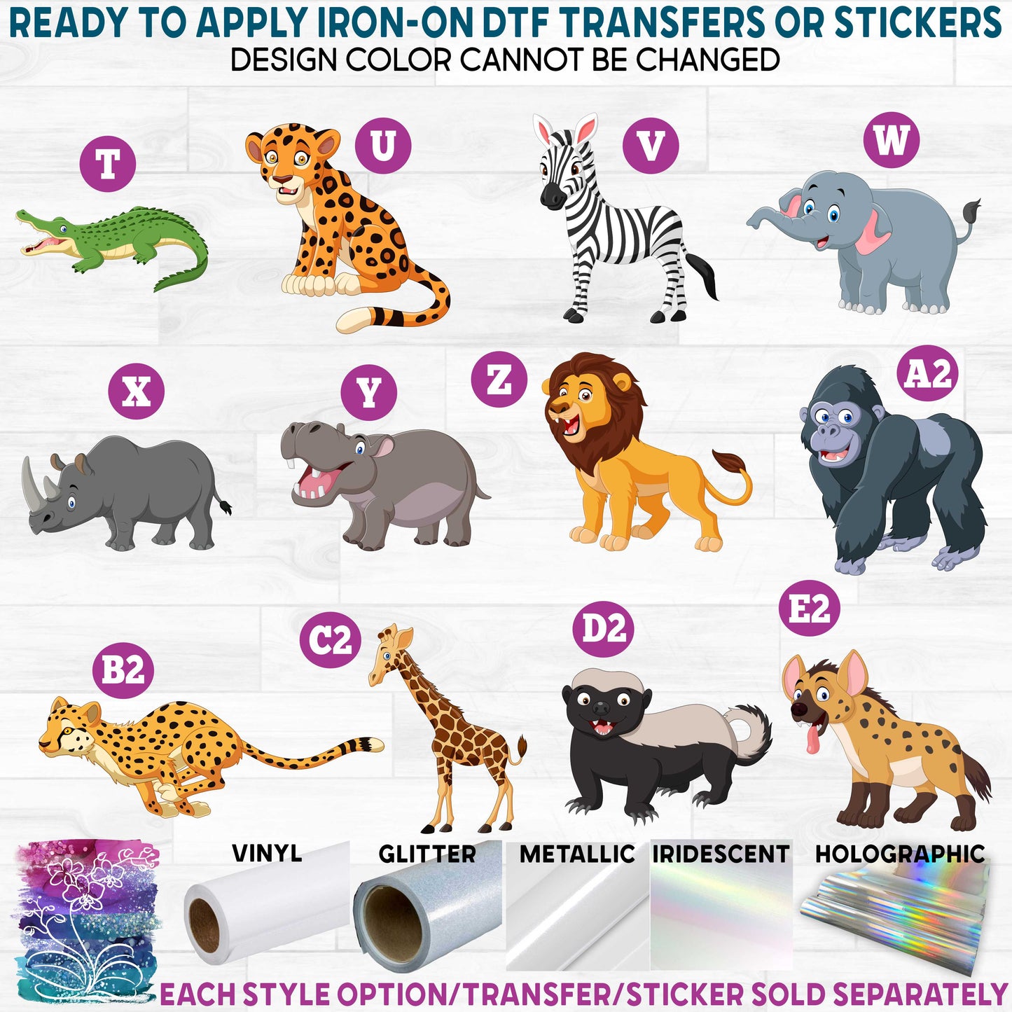 (s337-02) Cartoon Animals Safari c Printed Heat Transfer or Sticker