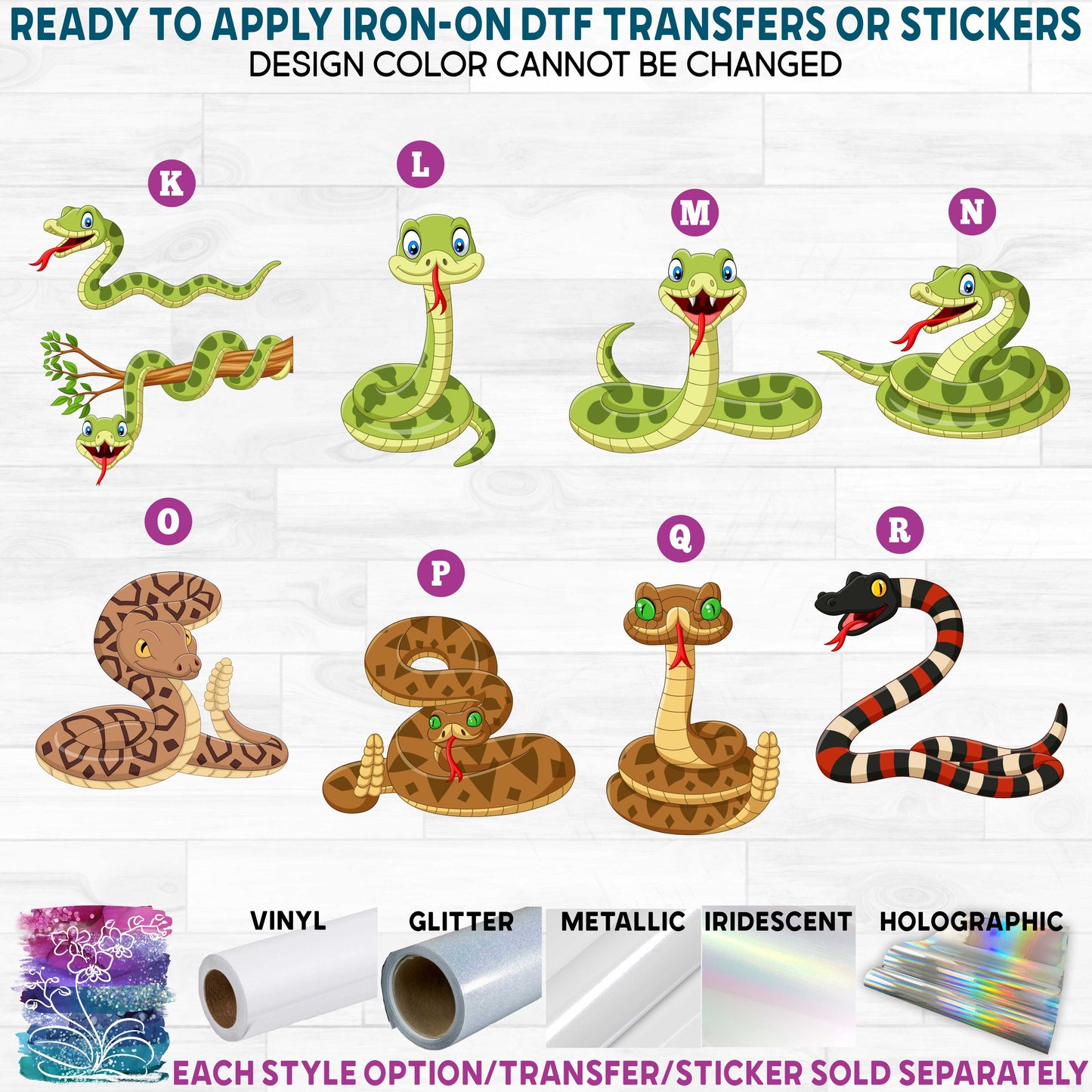 (s337-05) Cartoon Animals Reptiles Snakes Rattlesnake Printed Heat Transfer or Sticker