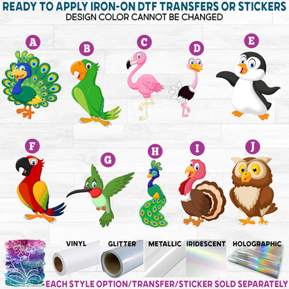 (s337-07) Cartoon Animals Birds b Printed Heat Transfer or Sticker