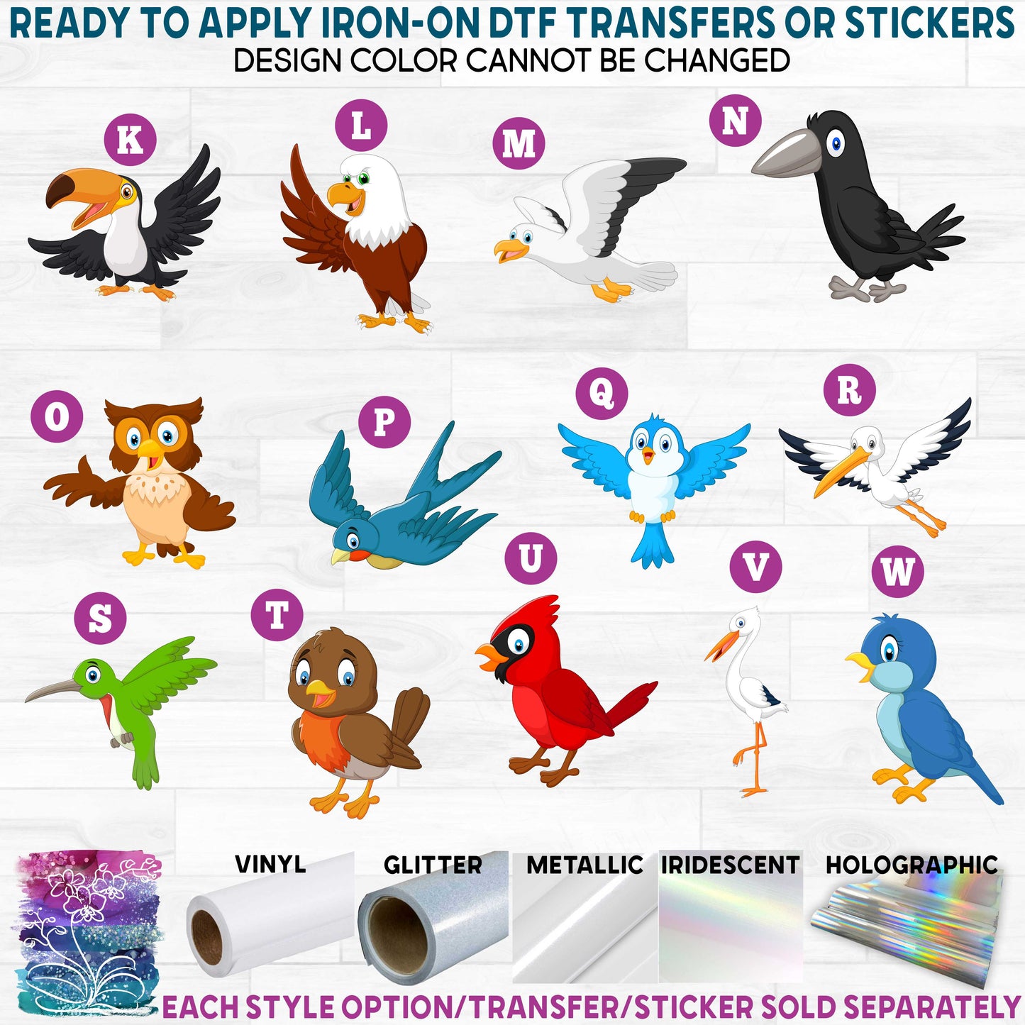 (s337-07) Cartoon Animals Birds b Printed Heat Transfer or Sticker