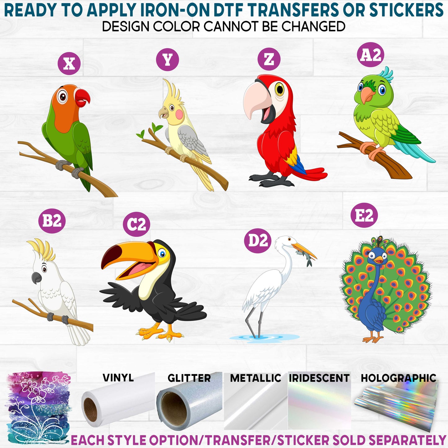 (s337-07) Cartoon Animals Birds b Printed Heat Transfer or Sticker