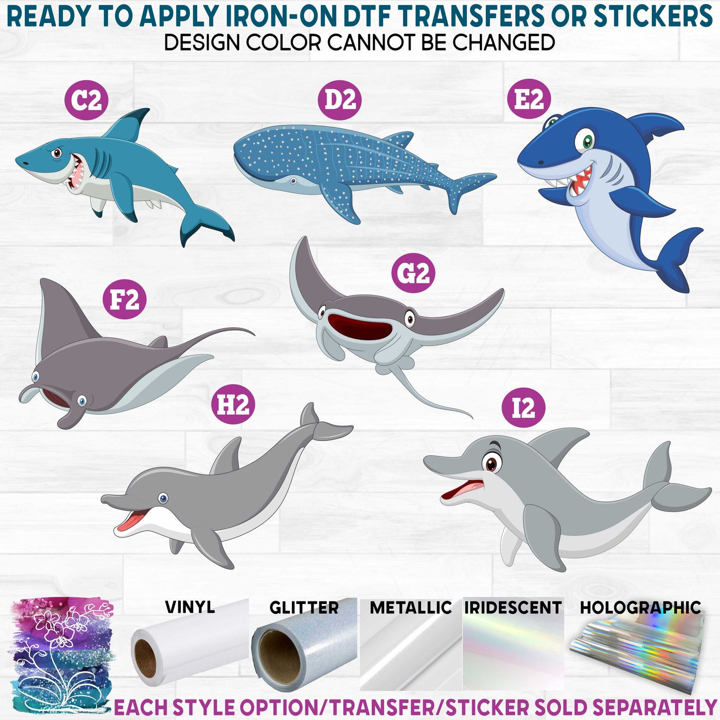 (s337-08) Cartoon Ocean Animals Whale, Dolphin, Beluga Printed Heat Transfer or Sticker