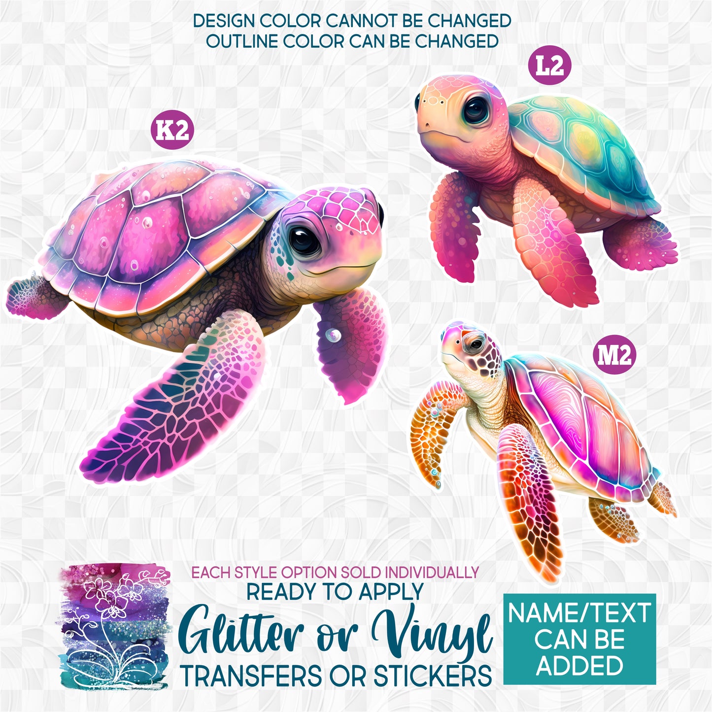 (s343-5) Colorful Pink Purple Sea Turtle Turtles Glitter or Vinyl Iron-On Transfer or Sticker