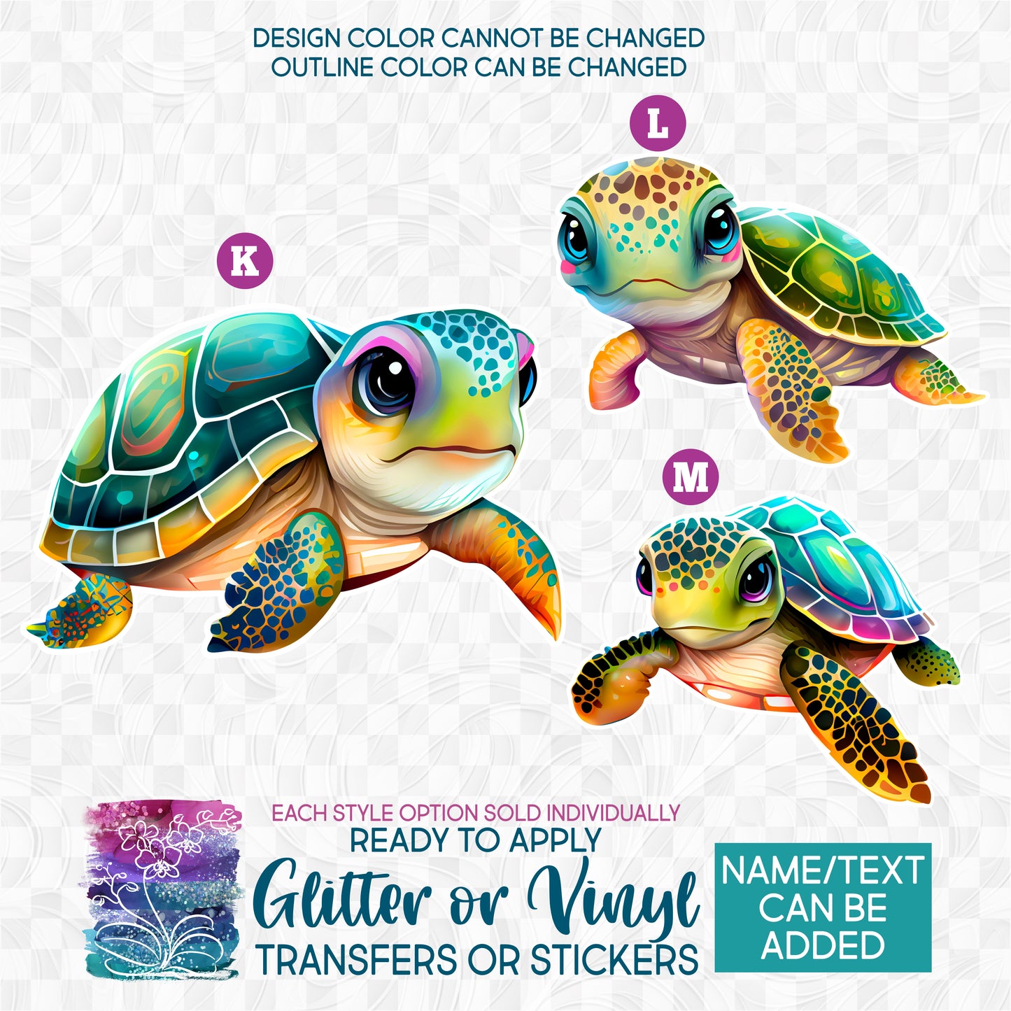 (s343-5) Colorful Green Sea Turtle Turtles Glitter or Vinyl Iron-On Transfer or Sticker