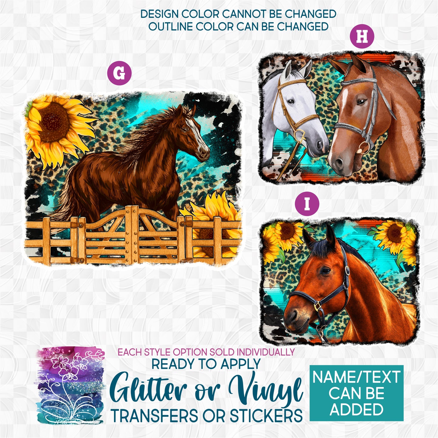 (s346) Brown Horse Horses Western Leopard Sunflowers Turquoise Glitter or Vinyl Iron-On Transfer or Sticker