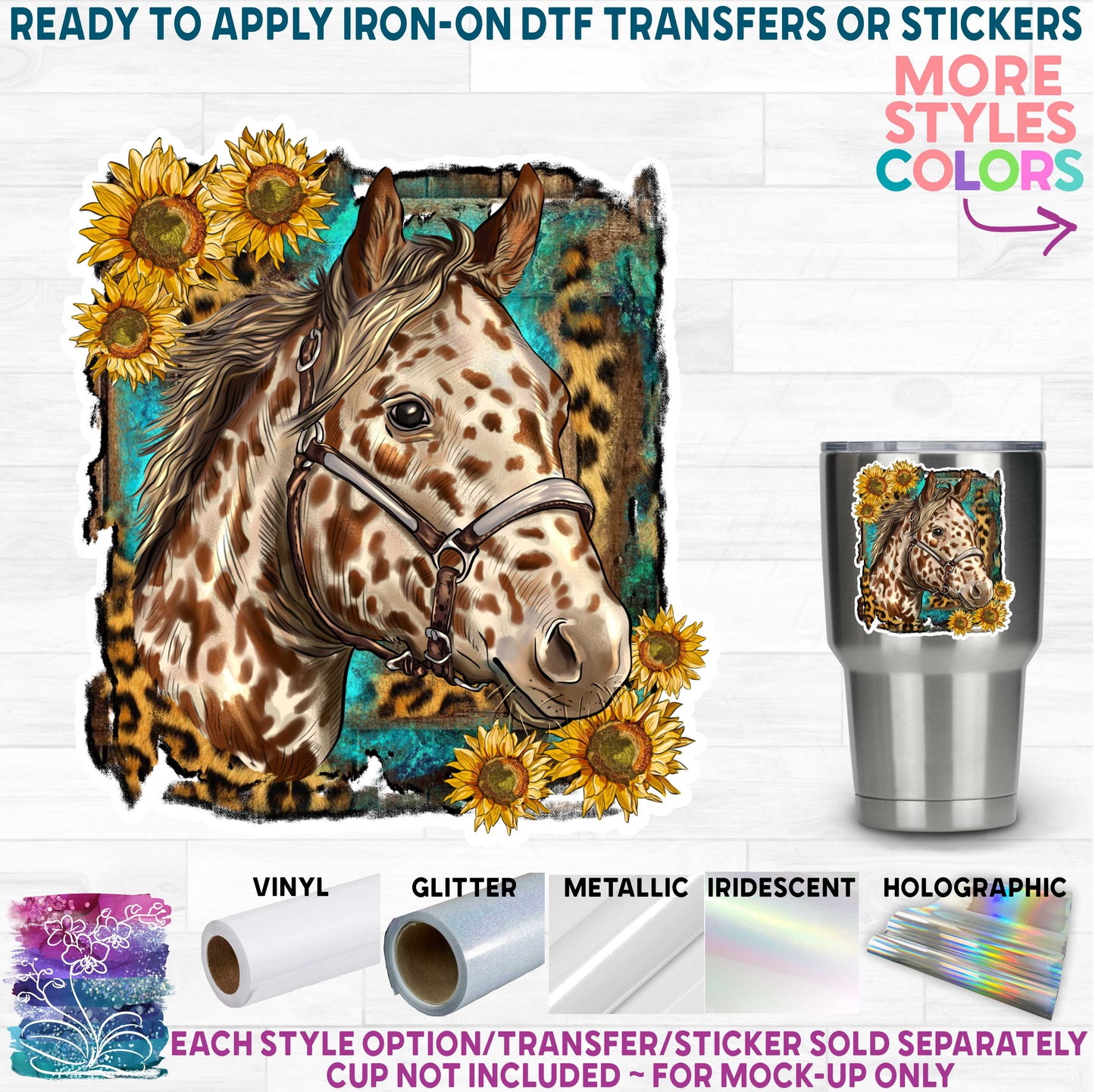 (s346) Western Boho Horses Horse Sunflowers Appaloosa Mustang Paint Pinto Printed Heat Transfer or Sticker