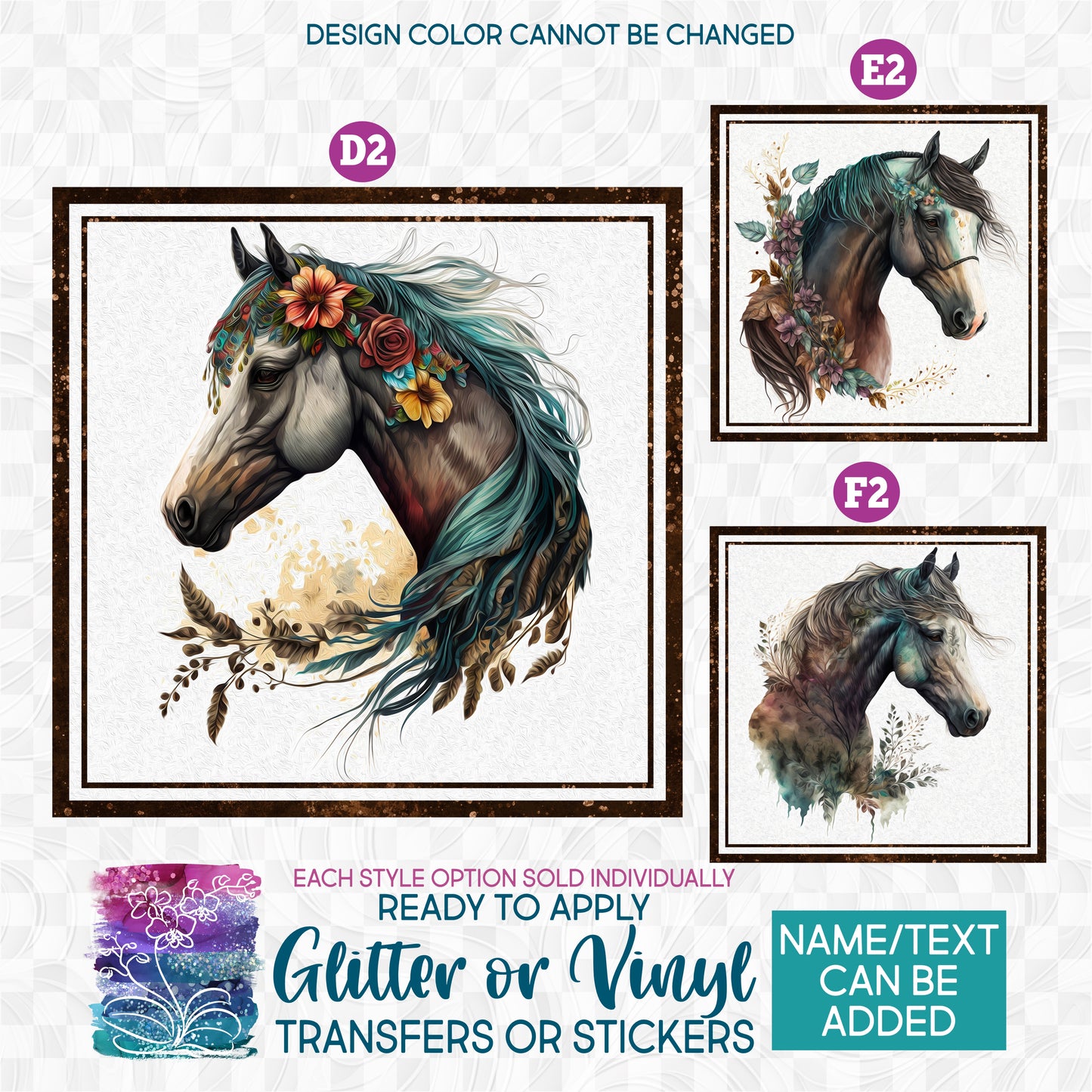 (s346) Watercolor Boho Floral Flower Horse Horses 2 Glitter or Vinyl Iron-On Transfer or Sticker
